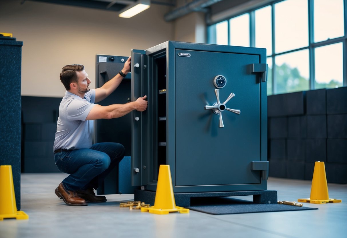 A heavy gun safe is being installed in a secure location, bolted to the floor and surrounded by other security measures