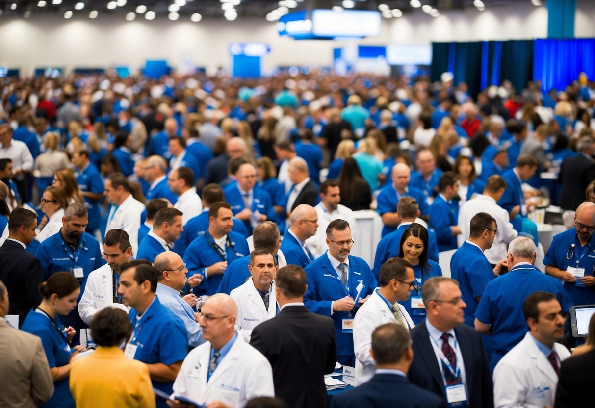 A crowded convention center filled with dental professionals networking, attending lectures, and browsing vendor booths
