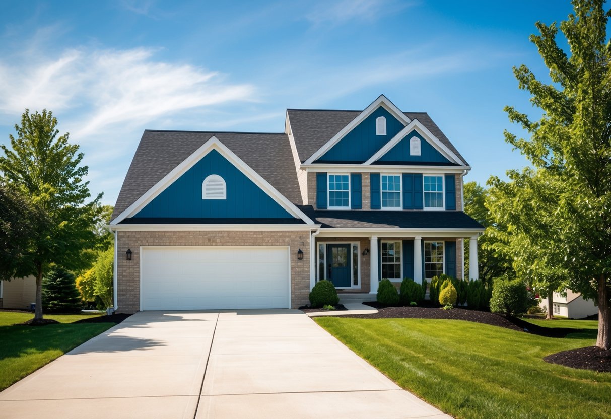 A suburban home in Ohio with a newly installed roof, surrounded by trees and a clear blue sky