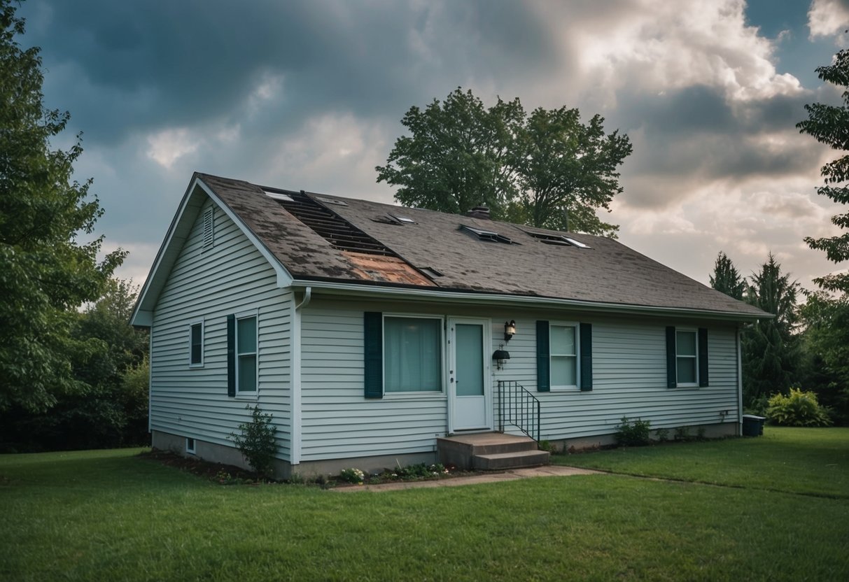 A single-story house with a sloped roof, surrounded by trees and under a cloudy sky. The roof shows signs of wear and aging, with missing shingles and visible damage