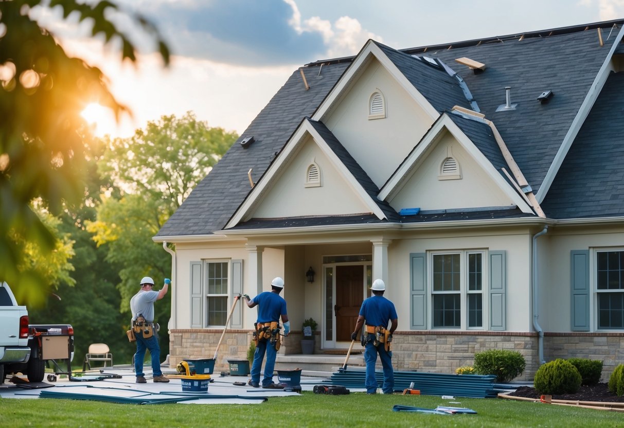 A residential house in Ohio with a sloped roof being replaced by workers with shingles and tools scattered around the site
