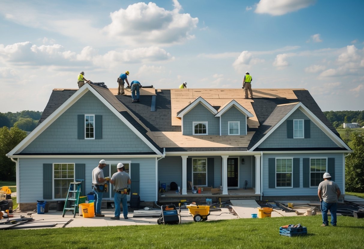 A crew of workers installs shingles on a house in Ohio, with tools and materials scattered around the site