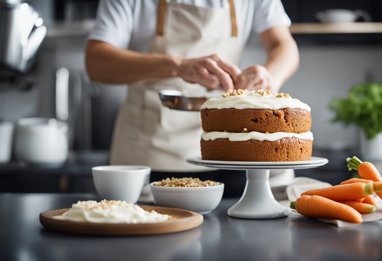 Um bolo de cenoura vegano sendo preparado com ingredientes não lácteos em uma cozinha moderna e iluminada.