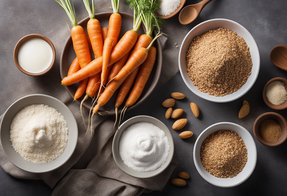 Uma mesa com cenouras frescas, leite de amêndoas e sementes de linhaça, cercada por tigelas de farinha e açúcar, pronta para ser usada em uma ilustração de bolo de cenoura vegano.