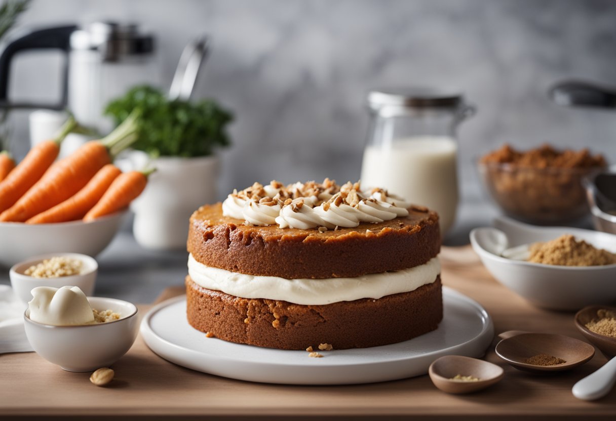 Uma receita de bolo de cenoura vegano sendo preparada com ingredientes não lácteos em uma cozinha moderna e iluminada. Ingredientes e utensílios estão organizados de forma ordenada na bancada.