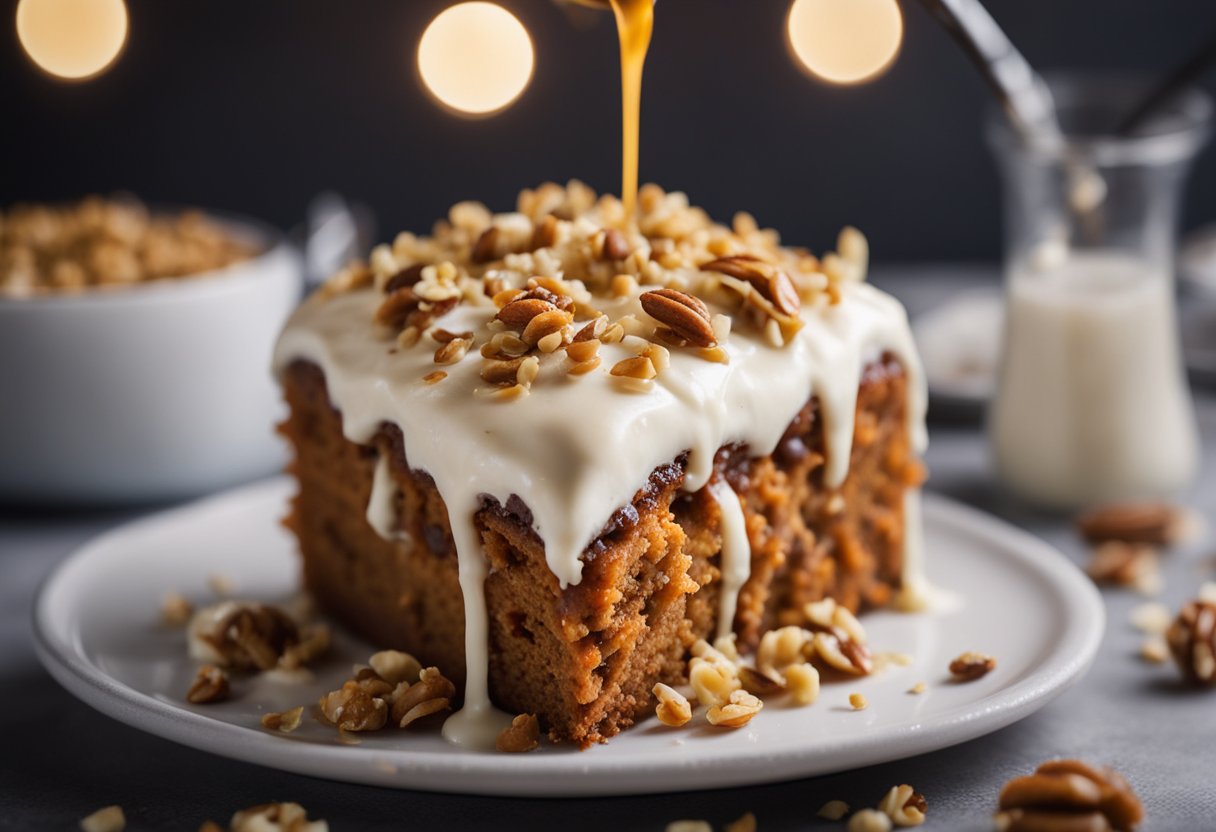 Um bolo de cenoura vegano sendo coberto com creme sem lactose e decorado com nozes trituradas e coco ralado.