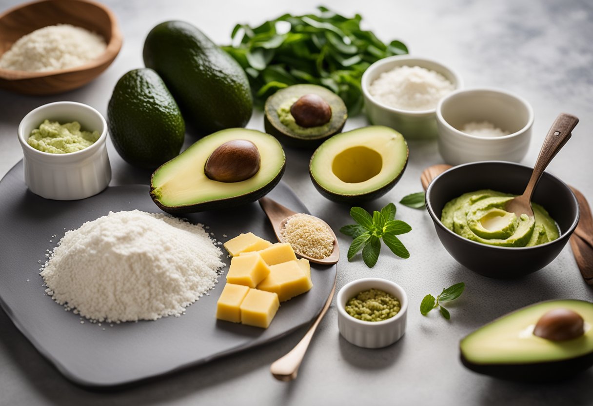 Uma bancada de cozinha com ingredientes para bolo de abacate, incluindo abacates, farinha e uma tigela de mistura. Um livro de receitas está aberto em uma página intitulada "Preparação e Modo de Fazer Bolo de Abacate."