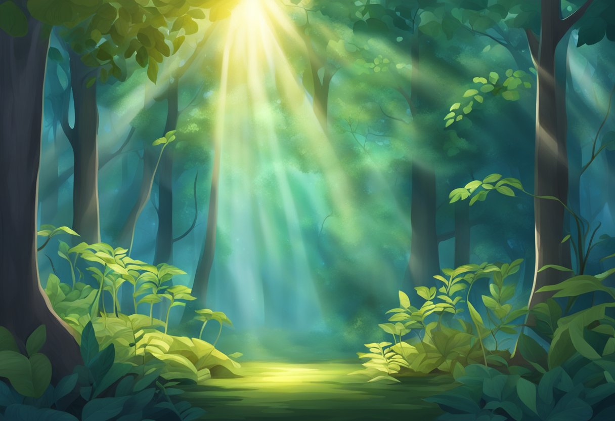 A serene forest with a beam of light shining through the canopy onto a small, glowing seedling surrounded by vibrant, flourishing plants