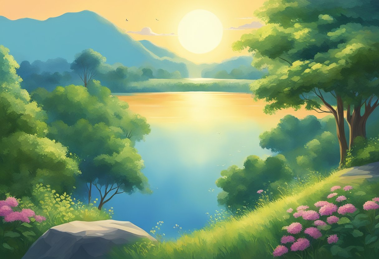 A serene and tranquil setting with a glowing sun, clear blue skies, and lush greenery, exuding a sense of peace and positivity