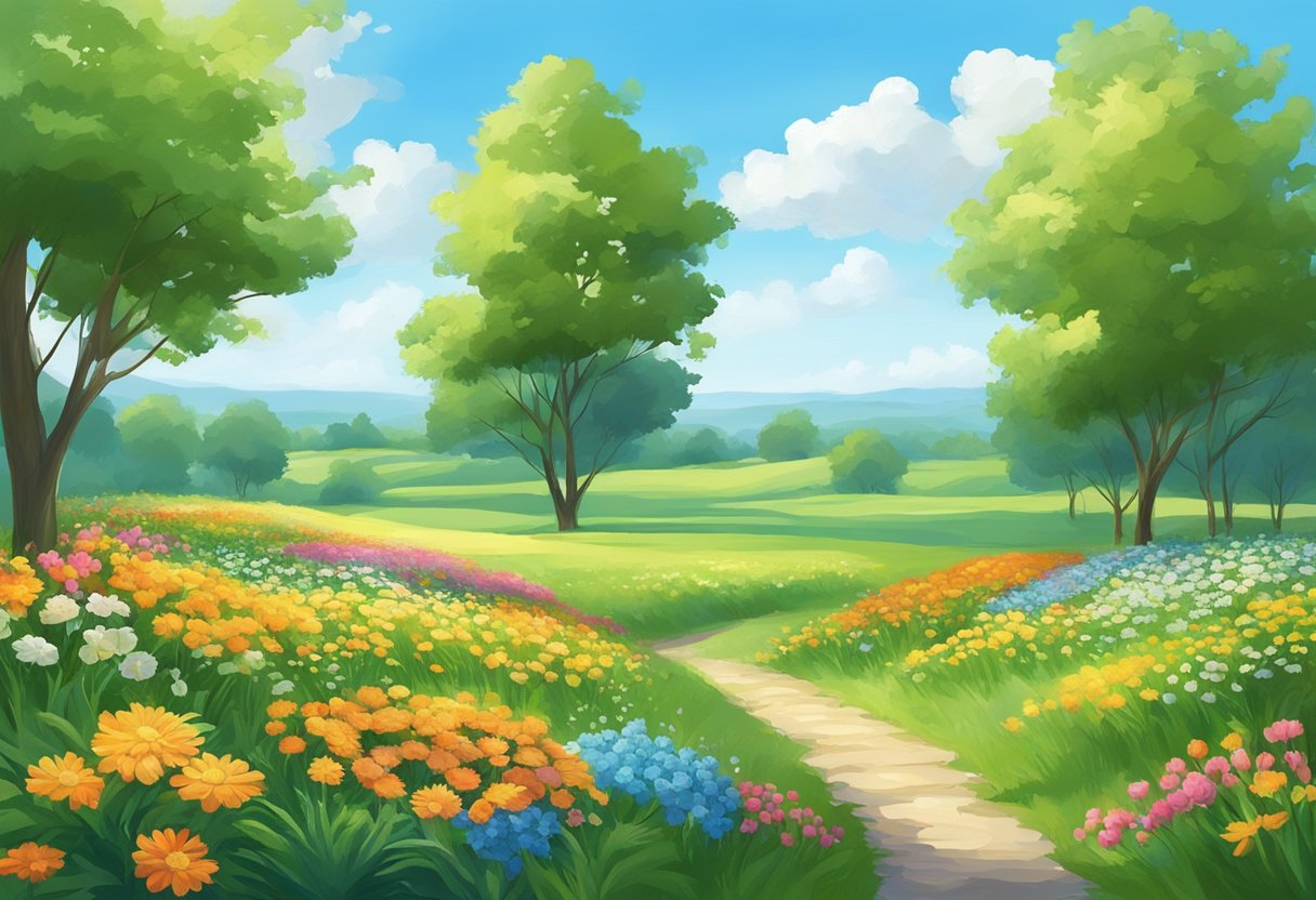 A serene, open field with a clear blue sky, surrounded by lush green trees and colorful flowers, with a sense of calm and tranquility