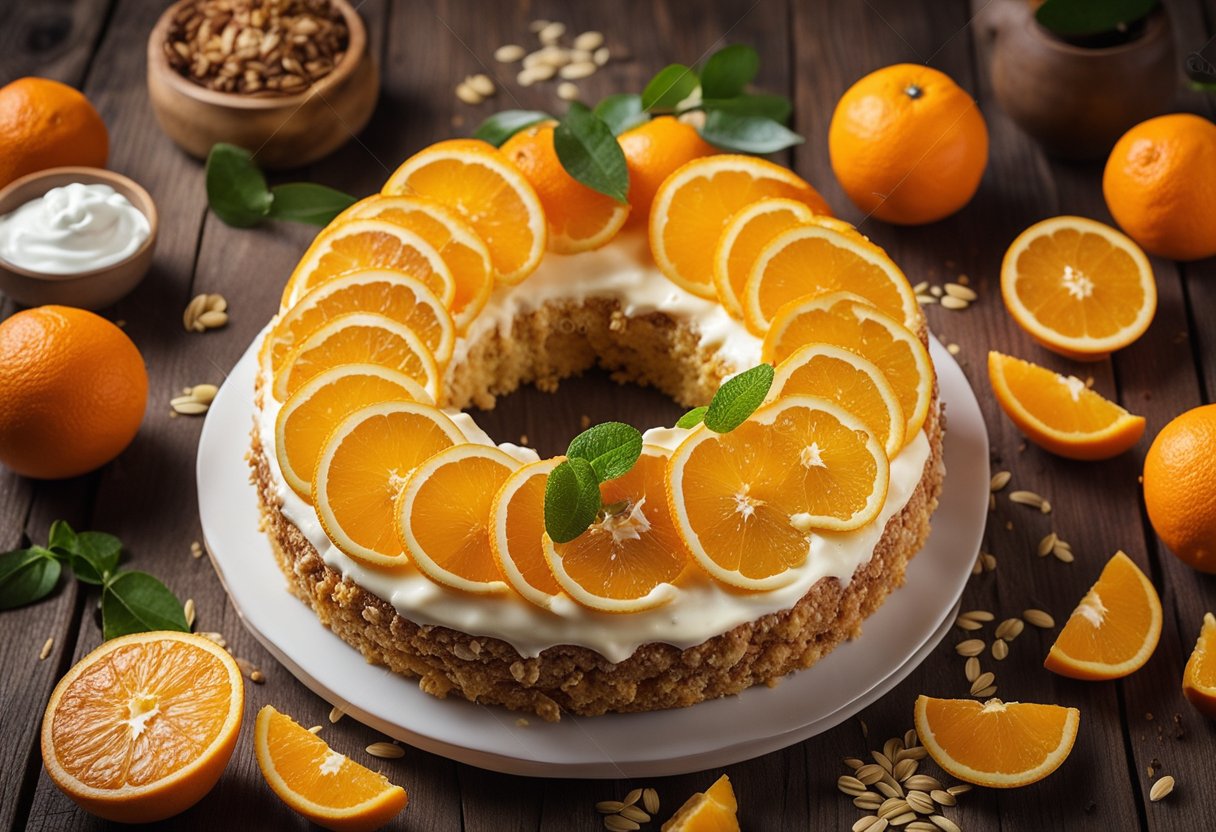 Um bolo de laranja fresco repousa sobre uma mesa de madeira, cercado por laranjas vibrantes e uma mistura de ingredientes saudáveis como aveia e iogurte.