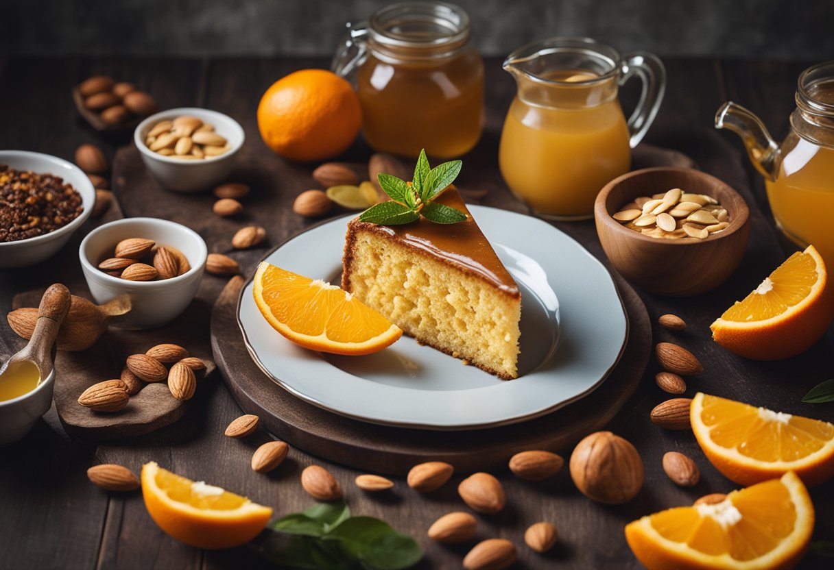 Uma mesa com um bolo de laranja fit recém-assado, cercado por ingredientes como laranjas, farinha de amêndoa e mel.