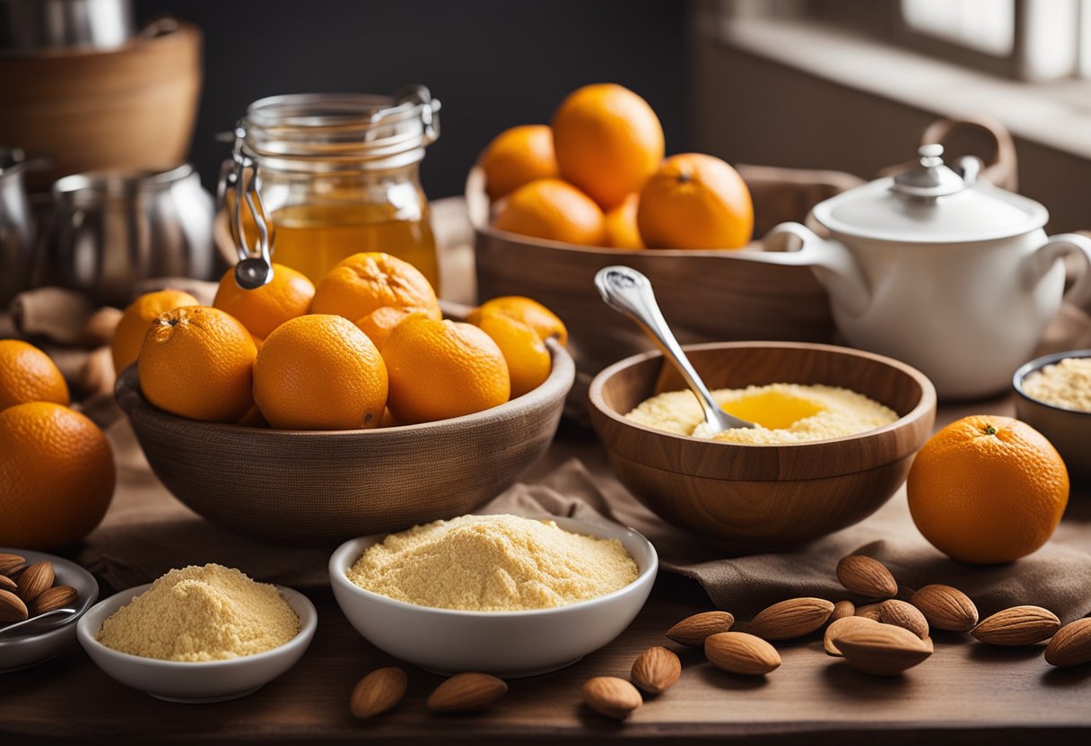 Uma mesa cheia de laranjas frescas, farinha de amêndoa e mel, cercada por xícaras e colheres de medição. Uma tigela de mistura e um batedor estão prontos para uso.