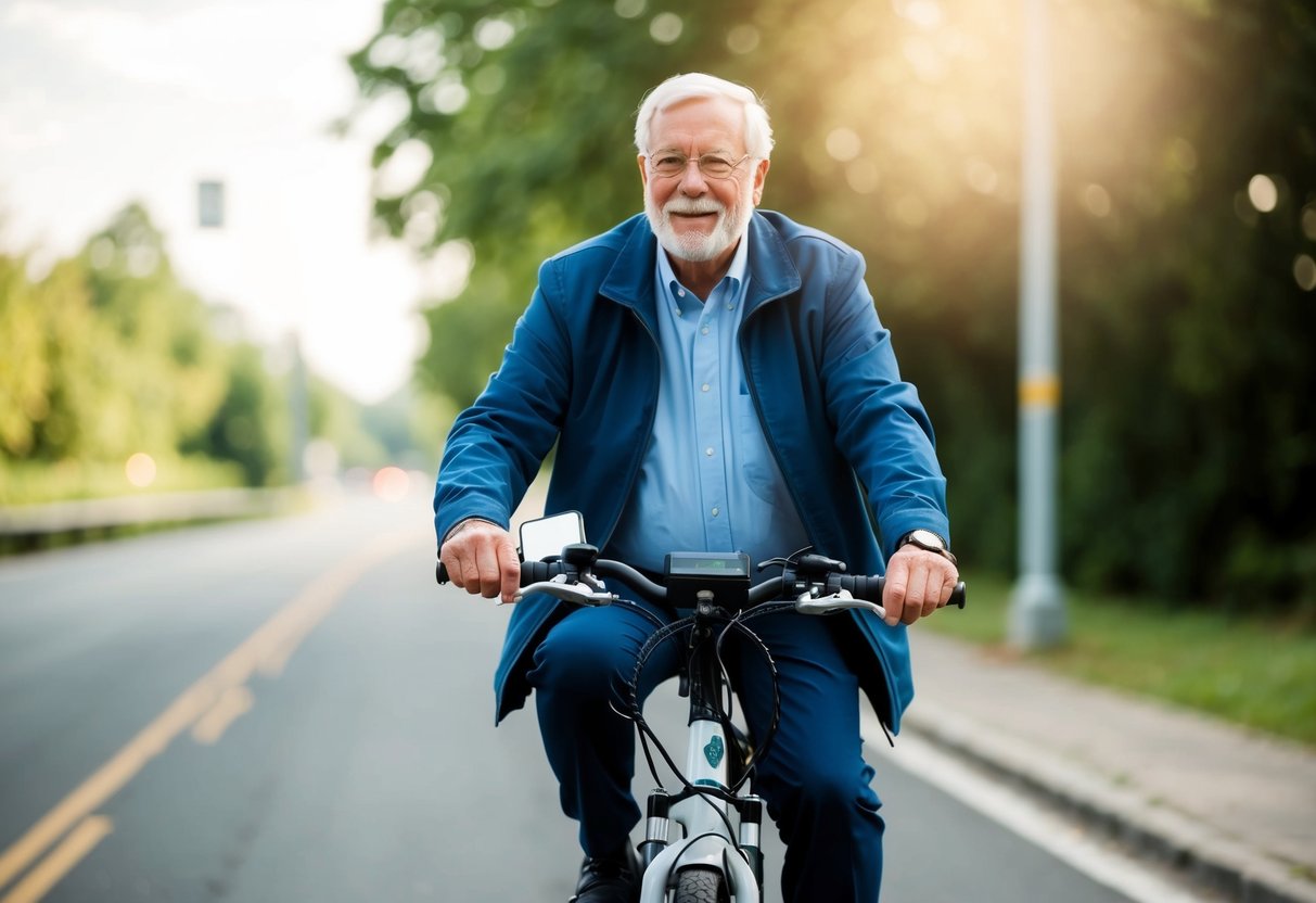 A senior riding an electric bike equipped with safety gadgets and using a smartphone app to enhance their biking experience