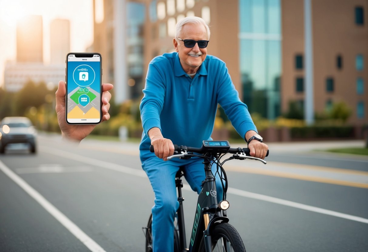 An older adult riding an e-bike equipped with safety technology and using a smartphone app for navigation