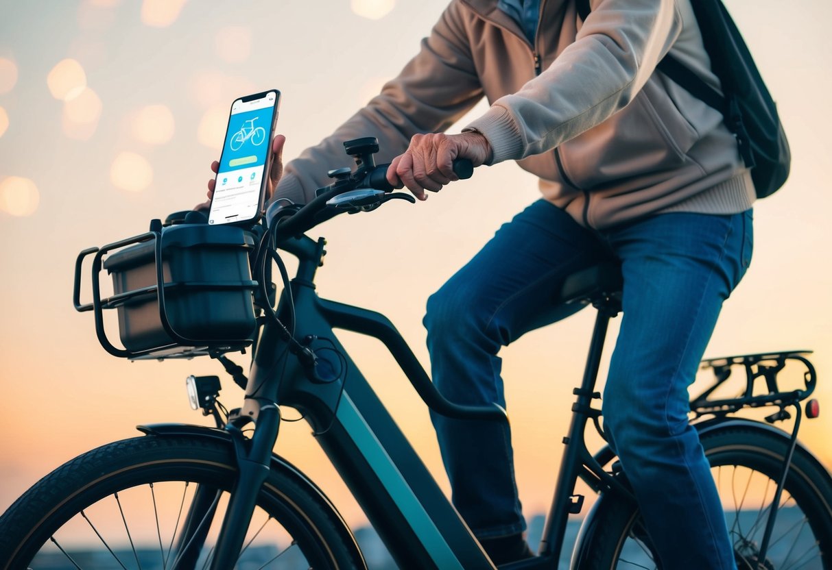 An elderly person riding an electric bike equipped with advanced safety gadgets and a smartphone displaying a biking app