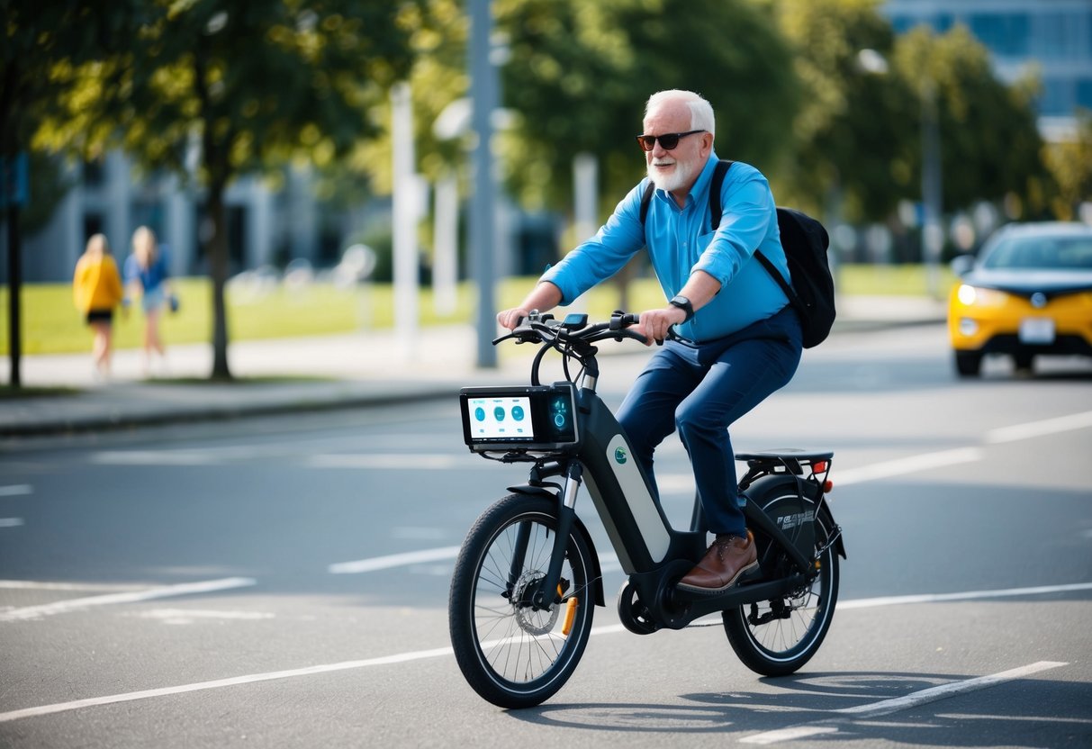 A senior cyclist rides an electric bike equipped with various technological gadgets and apps, promoting social engagement and safety