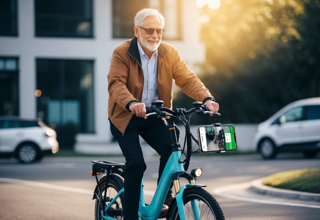 An older person riding an electric bike equipped with various safety gadgets and using a smartphone app to enhance their biking experience
