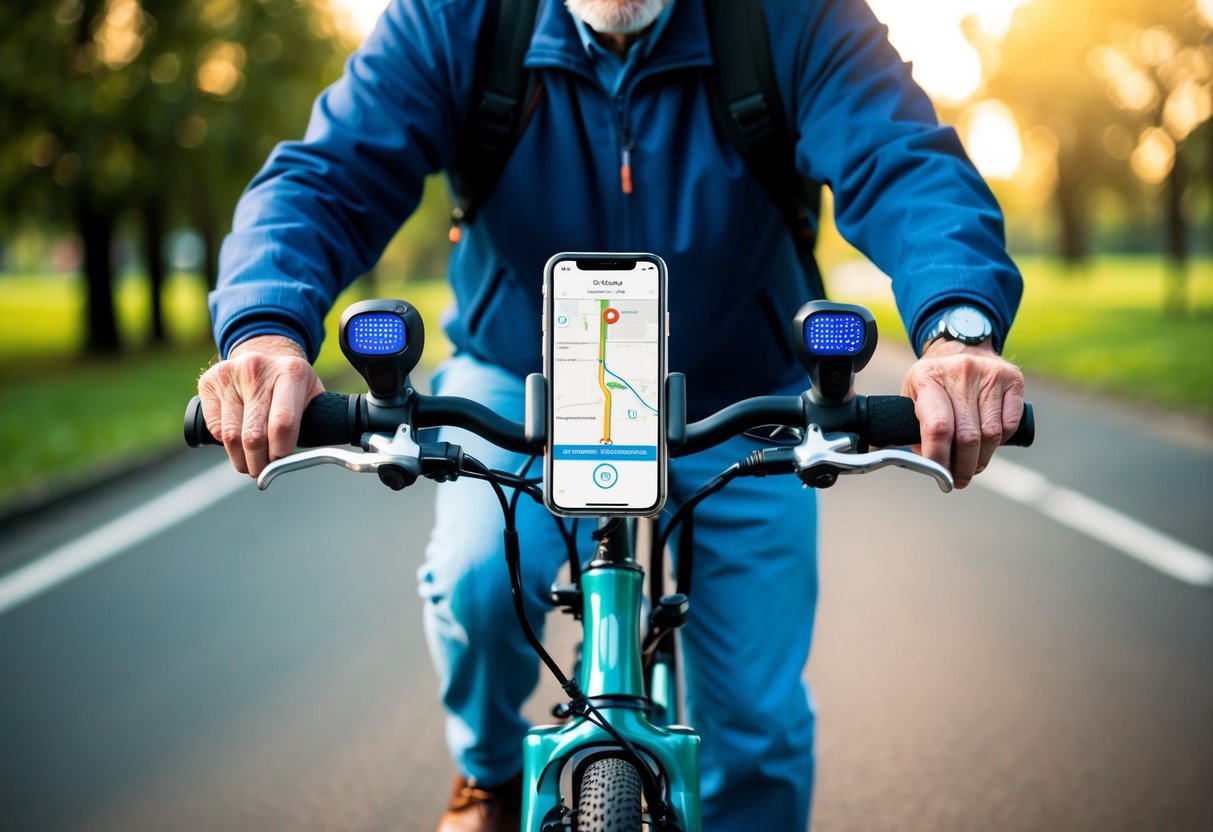 A senior person riding an electric bike with a smartphone mounted on the handlebars, displaying a navigation app. Various safety gadgets, such as a helmet and reflective gear, are visible