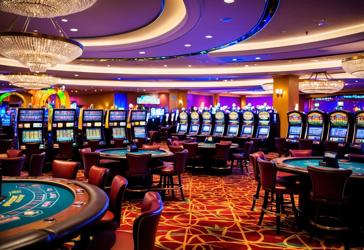 A bustling casino floor with slot machines, card tables, and a vibrant atmosphere. Bright lights and colorful decor create an exciting and lively setting