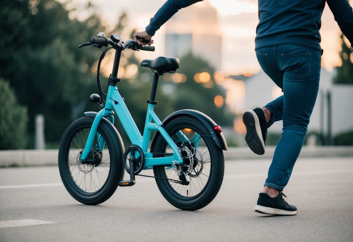 A person holding onto the handlebars of an electric trike, with one foot on the ground and the other foot pushing off to start riding