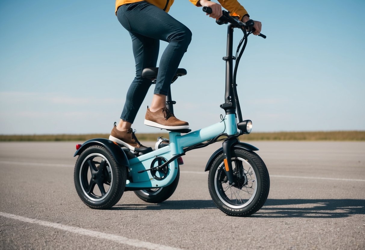 An electric trike parked in a wide open space, with a person's foot stepping onto the pedal, and another hand holding onto the handlebar for support