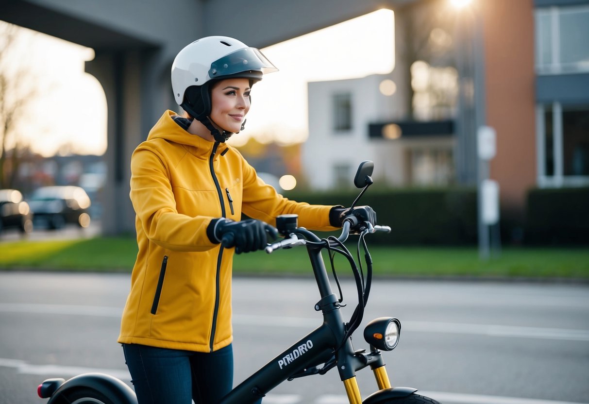 A person wearing a helmet and gloves, standing next to an electric trike, holding the handlebars and looking both ways before riding
