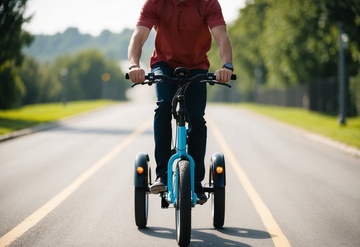 A person riding an electric trike, following step-by-step instructions, with a clear focus on body positioning and hand placement on the handlebars
