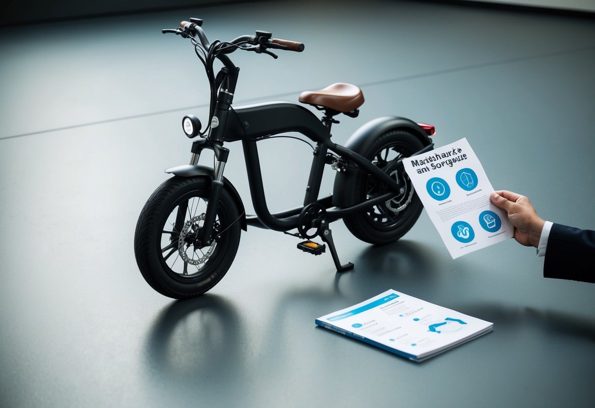 An electric trike parked on a smooth, flat surface with a person's hand holding a maintenance and care guide next to it