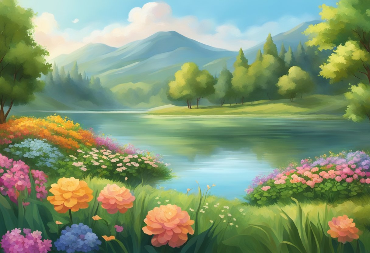 A serene countryside with a tranquil lake surrounded by lush greenery and colorful flowers, with a sense of calm and healing energy emanating from the scene