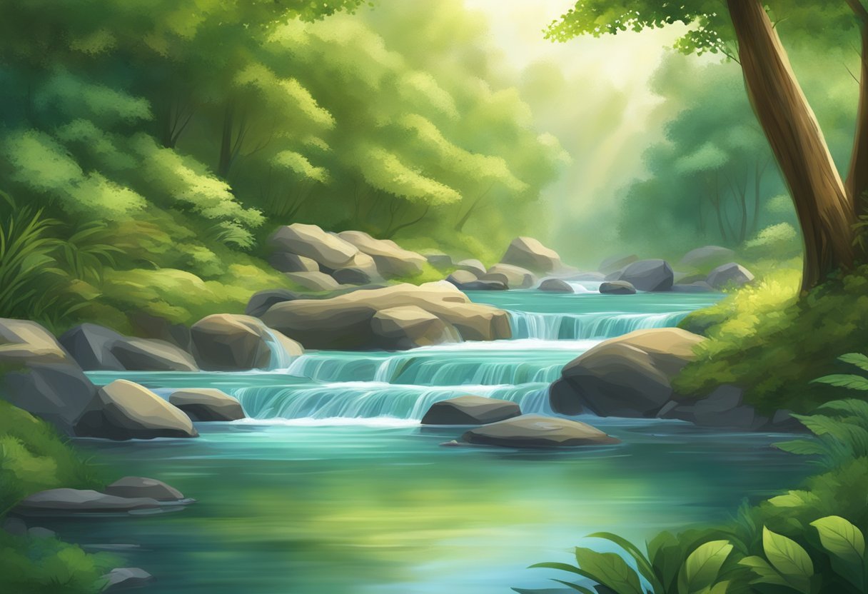 A serene, tranquil setting with natural elements such as flowing water, lush greenery, and a sense of peacefulness and healing energy
