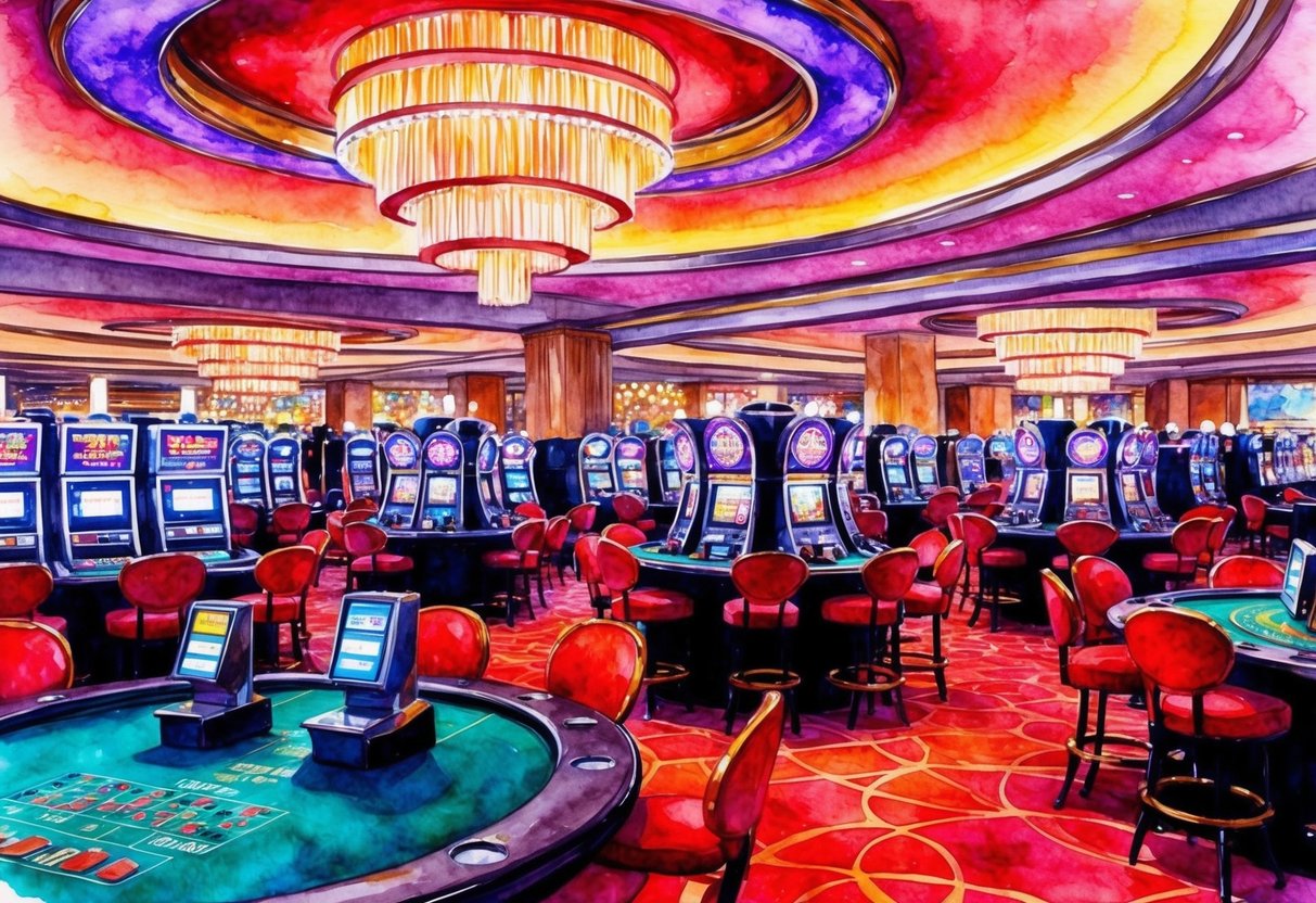 A neon-lit casino floor bustling with slot machines and card tables