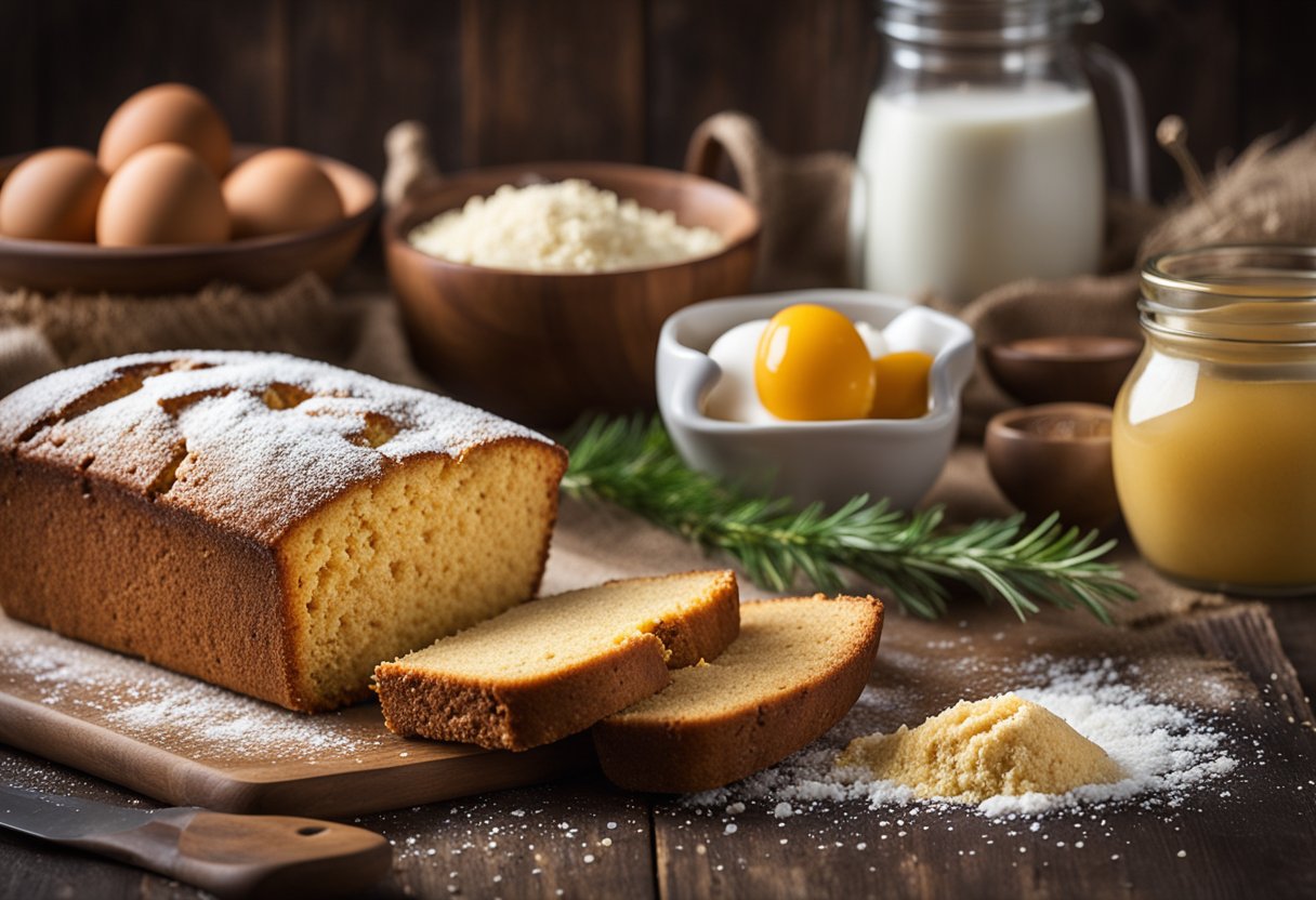 Uma bancada de cozinha rústica com um bolo de fubá integral recém-assado, cercado por ingredientes como ovos, farinha de trigo integral e óleo de coco