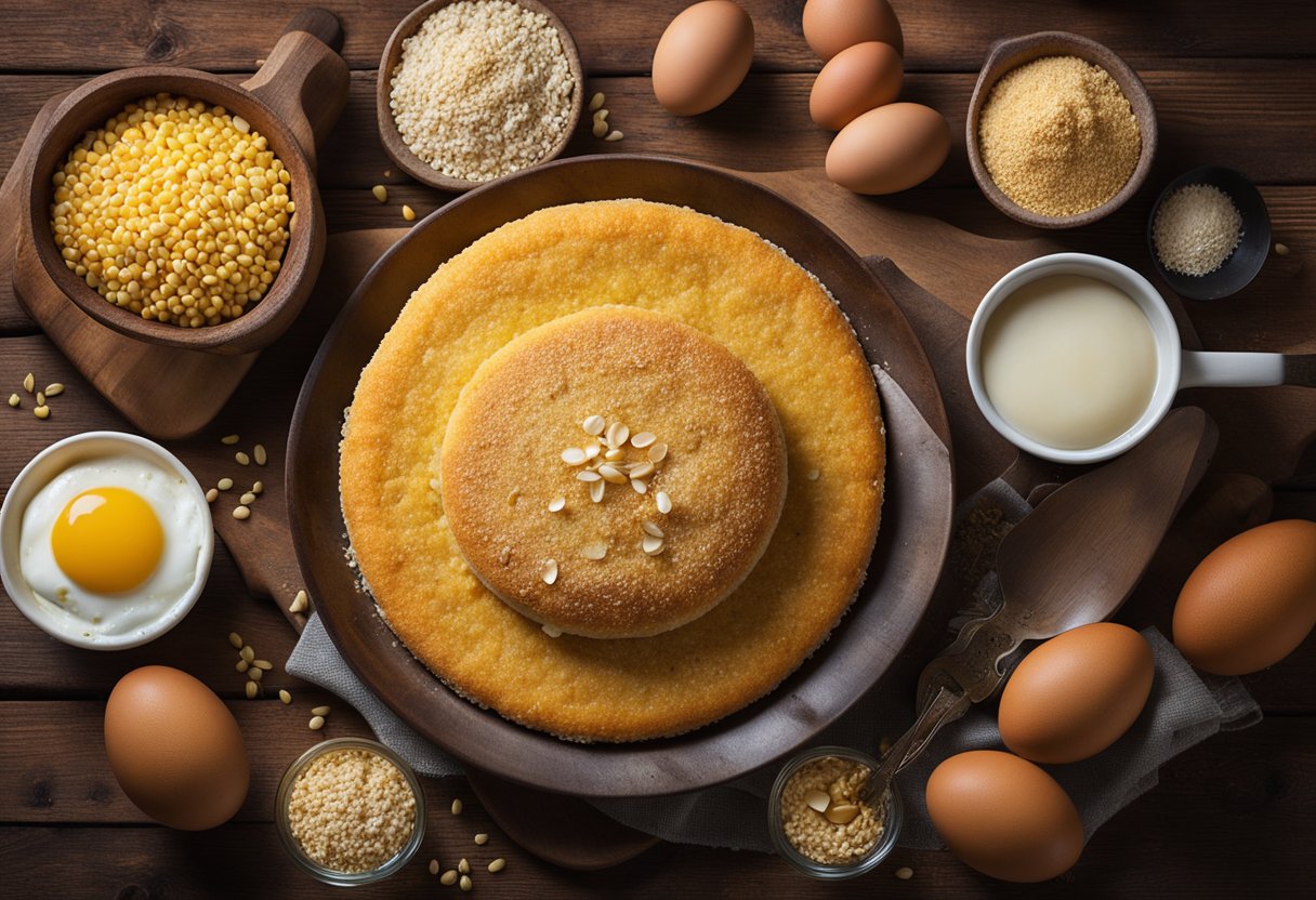 Uma cena de cozinha rústica com um bolo de fubá integral recém-assado em uma mesa de madeira, cercado por ingredientes como ovos, farinha integral e uma tigela de milho fresco.