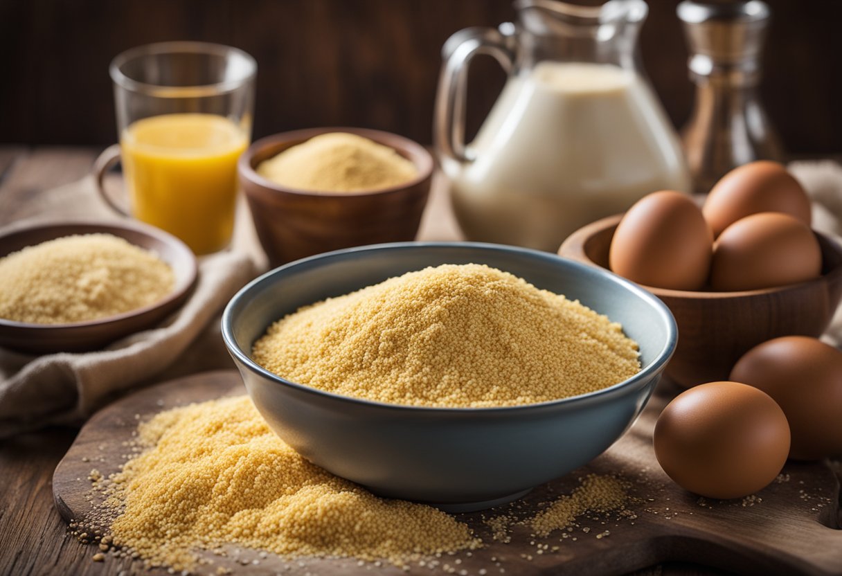 Uma bancada de cozinha rústica com uma tigela de mistura cheia de fubá integral, ovos e outros ingredientes saudáveis para um bolo de fubá.