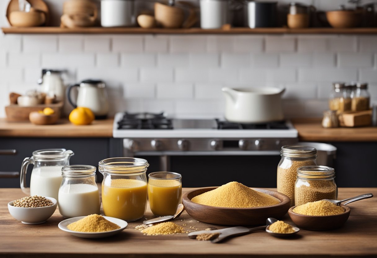 Uma cozinha rústica com ingredientes para bolo de fubá integral em uma mesa de madeira, cercada por xícaras e colheres de medida.