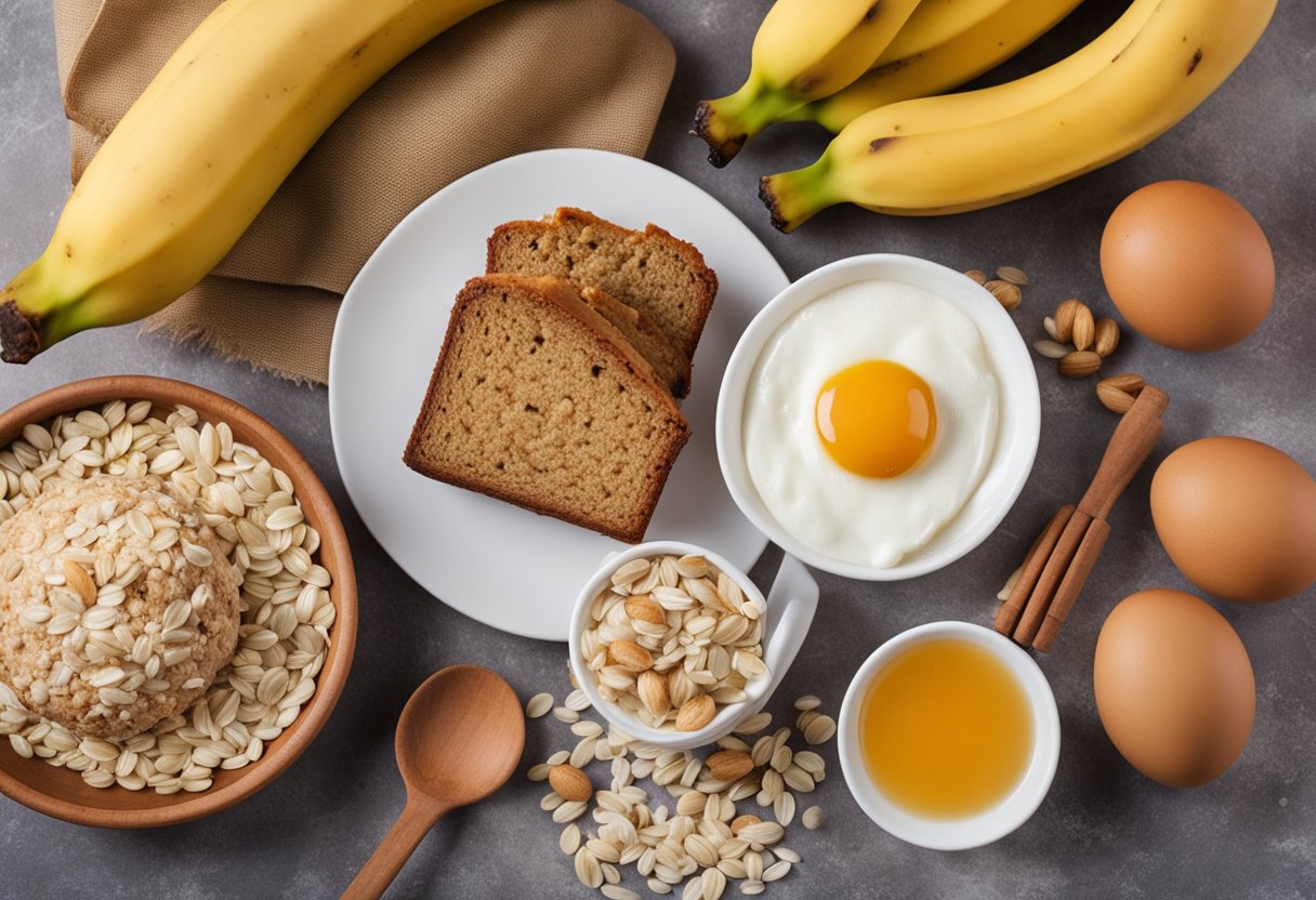 Uma tabela com ingredientes para um bolo de banana saudável: bananas, aveia, ovos e mel