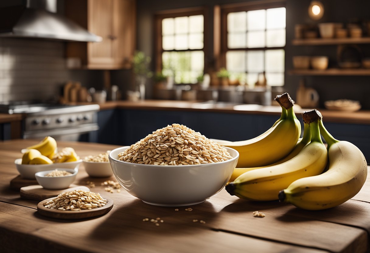 Uma cozinha rústica com bananas frescas, aveia e mel em uma mesa de madeira. Uma tigela de mistura e copos medidores estão próximos, prontos para criar um bolo fit de banana saudável.