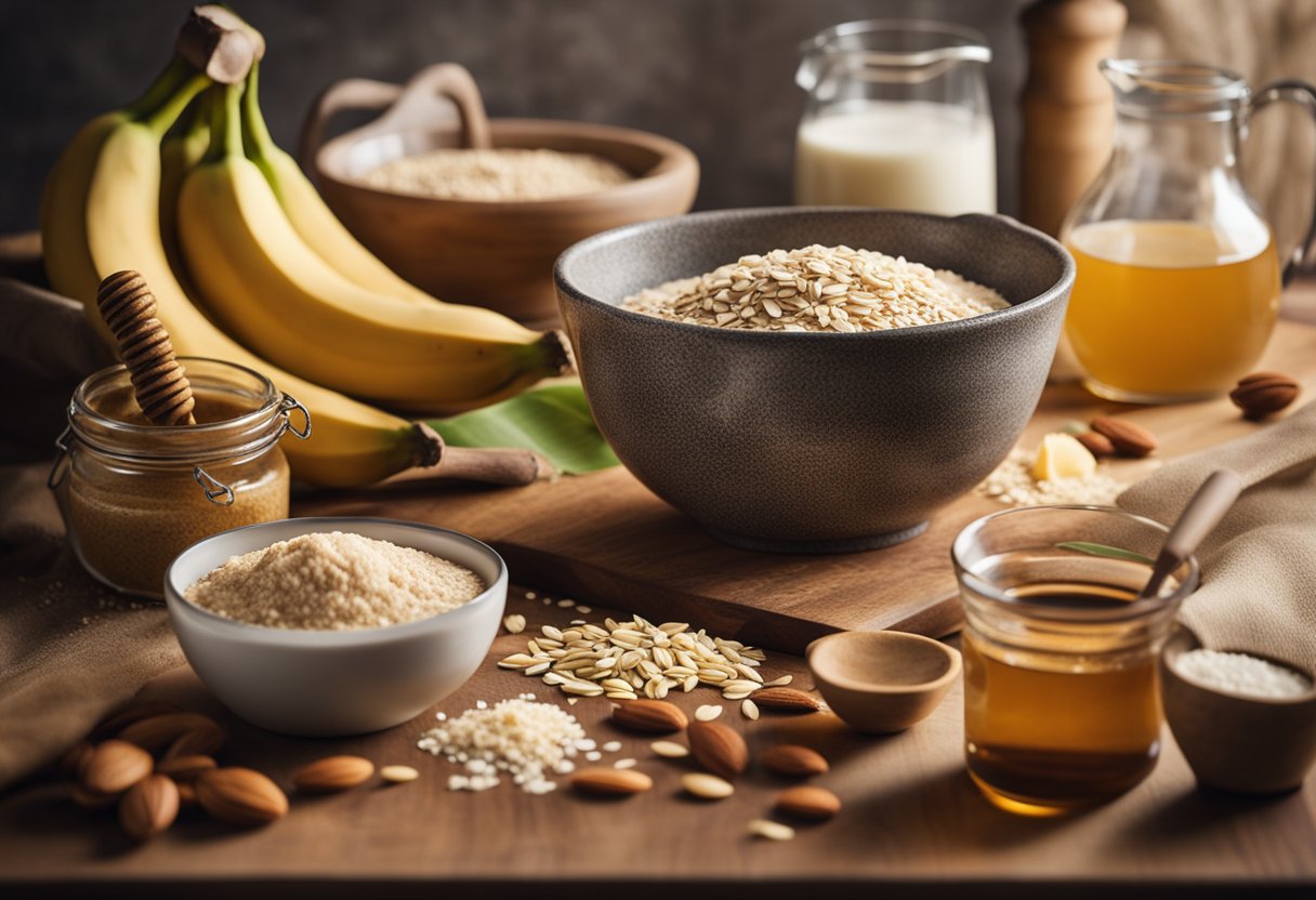 Uma bancada de cozinha rústica com bananas maduras, farinha de aveia, mel e leite de amêndoas. Uma tigela de ingredientes misturados pronta para ser batida para uma ilustração de bolo fit de banana saudável.