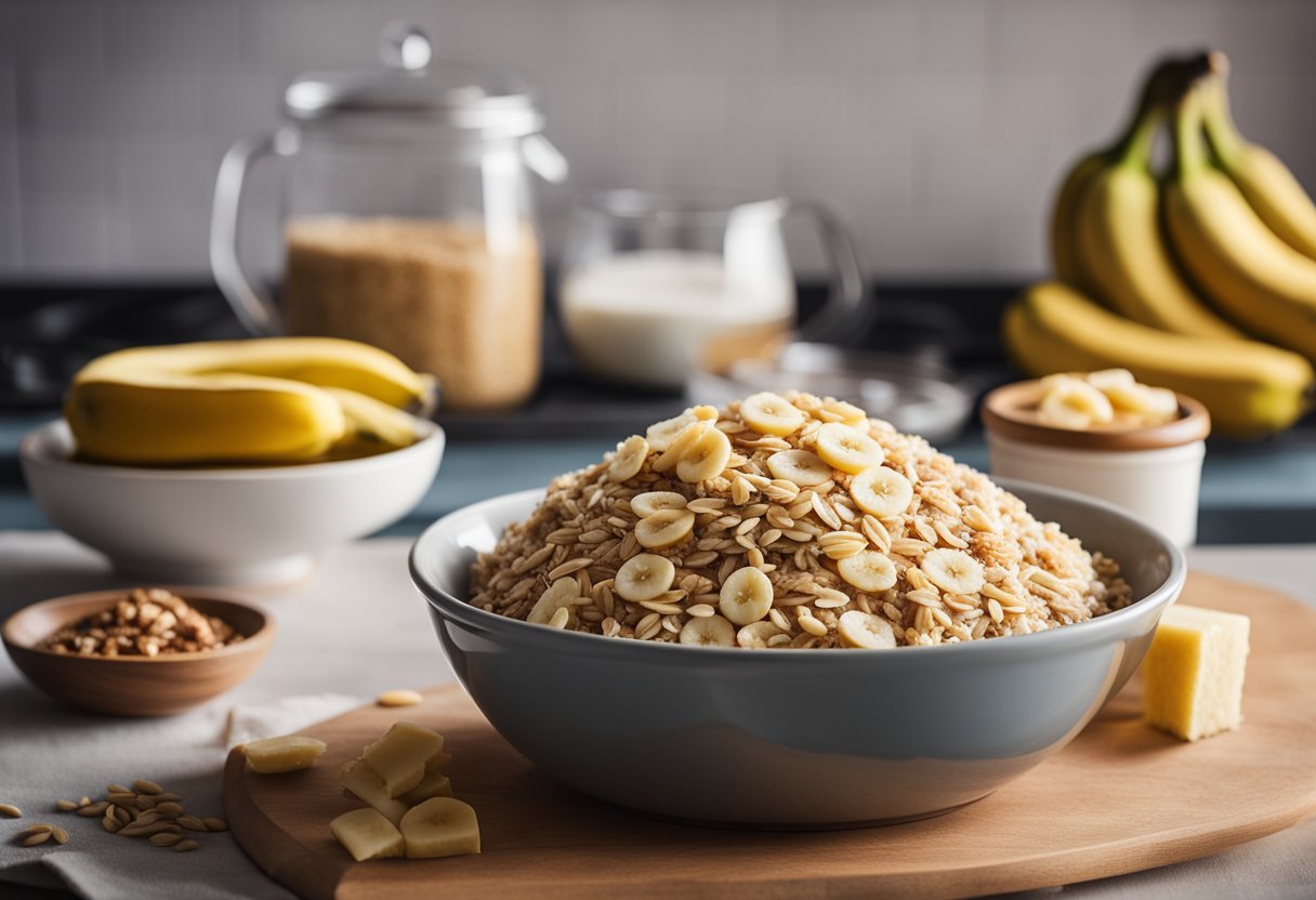 Uma bancada de cozinha com ingredientes para um bolo de banana saudável, incluindo bananas, aveia e mel, ao lado de uma tigela de mistura e um livro de receitas.