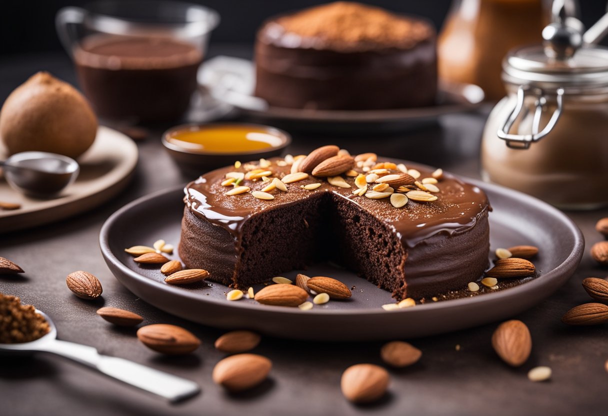 Uma mesa posta com ingredientes - cacau em pó, farinha de amêndoa e mel - para uma receita saudável de bolo de chocolate