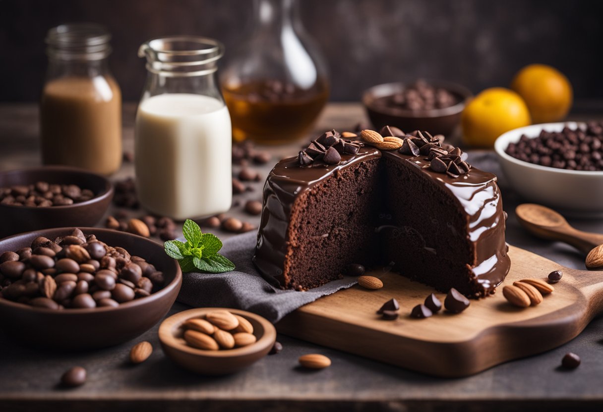 Uma mesa posta com um bolo de chocolate fit recém-assado, cercado por ingredientes saudáveis como farinha de amêndoa, óleo de coco e gotas de chocolate amargo.