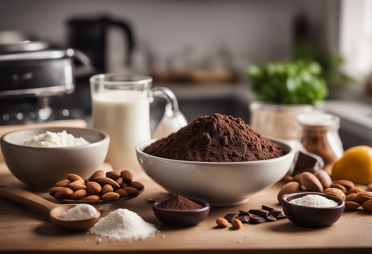 Uma bancada de cozinha com ingredientes para um bolo de chocolate saudável, incluindo farinha de amêndoa, cacau em pó e iogurte grego, junto com uma tigela de mistura e um batedor.