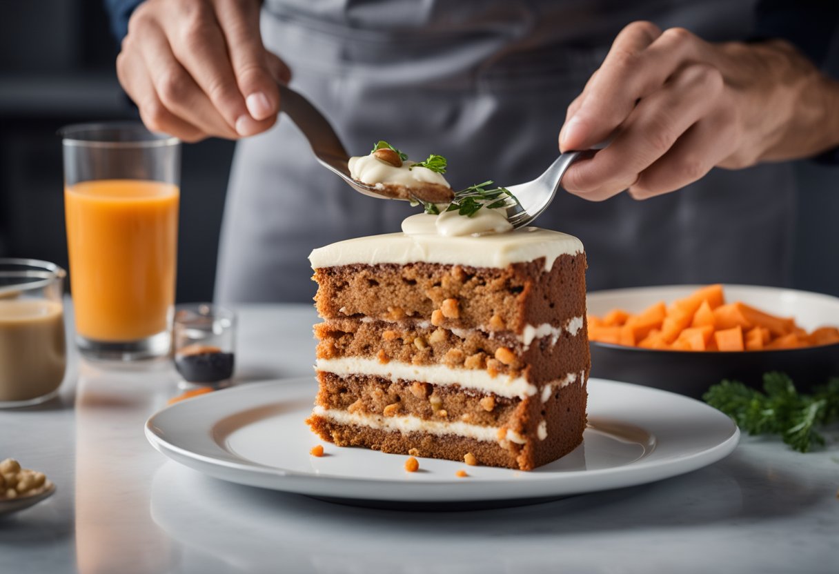 Um bolo de cenoura sendo preparado com whey protein e ingredientes saudáveis em um ambiente de cozinha moderna