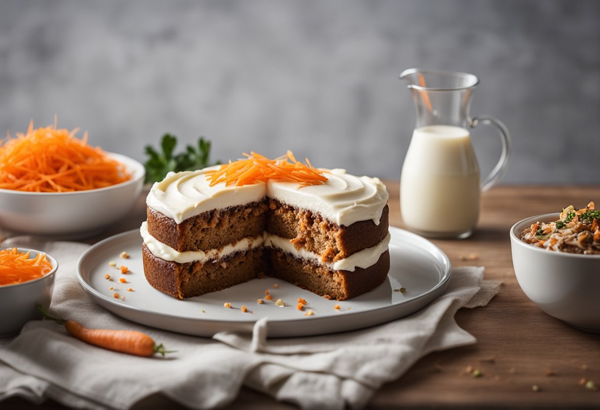 Uma mesa posta com um bolo de cenoura recém-assado, coberto com um creme leve e cenouras raladas. Uma porção de whey protein está ao lado do bolo.