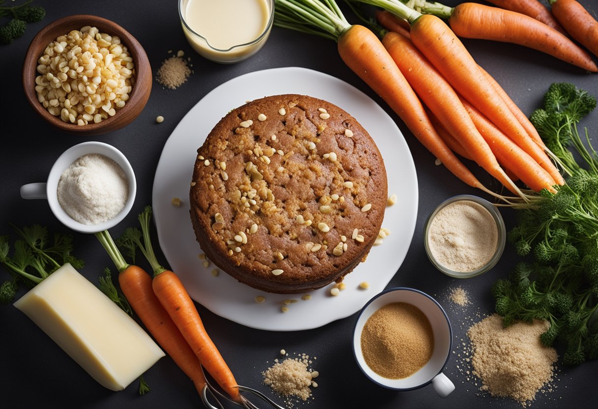 Uma mesa com ingredientes para um bolo de cenoura saudável, incluindo proteína do soro de leite e substitutos alternativos, cercada por cenouras frescas e uma tigela de mistura.