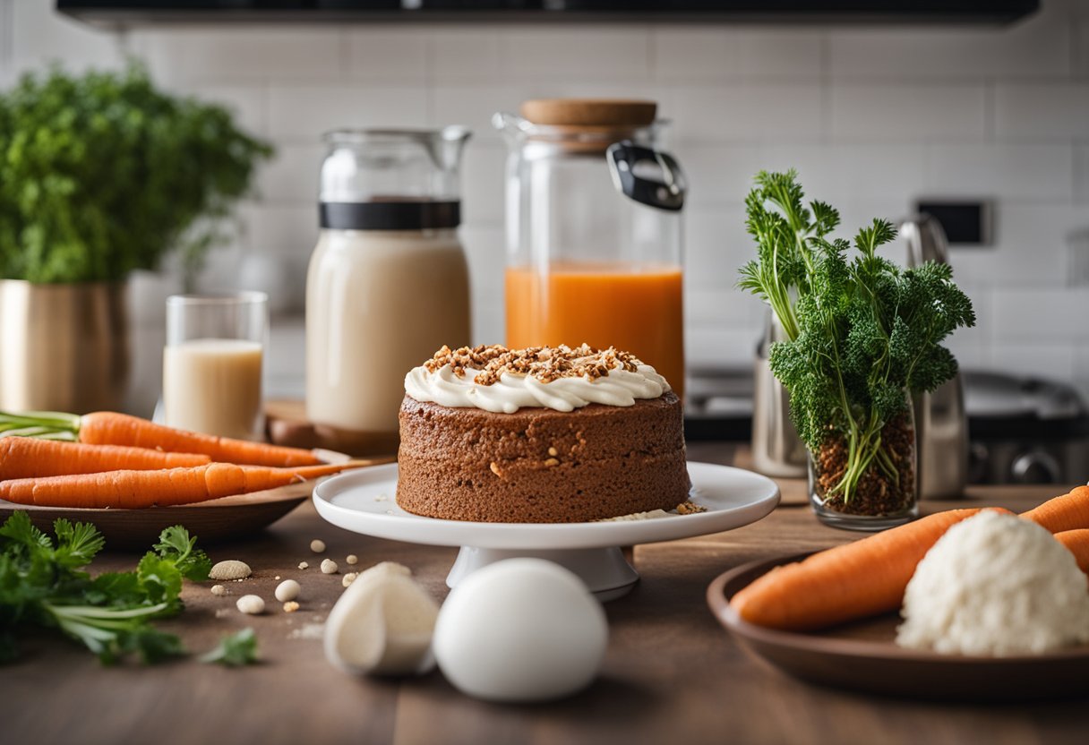 Uma bancada de cozinha com ingredientes para um bolo de cenoura saudável, incluindo proteína em pó e cenouras frescas