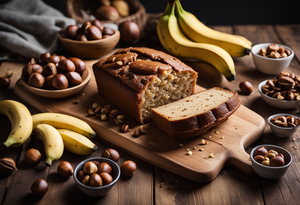 Uma bancada de cozinha rústica com um bolo de banana e castanha recém-assado em uma tábua de madeira, cercado por ingredientes espalhados como bananas maduras e castanhas inteiras.