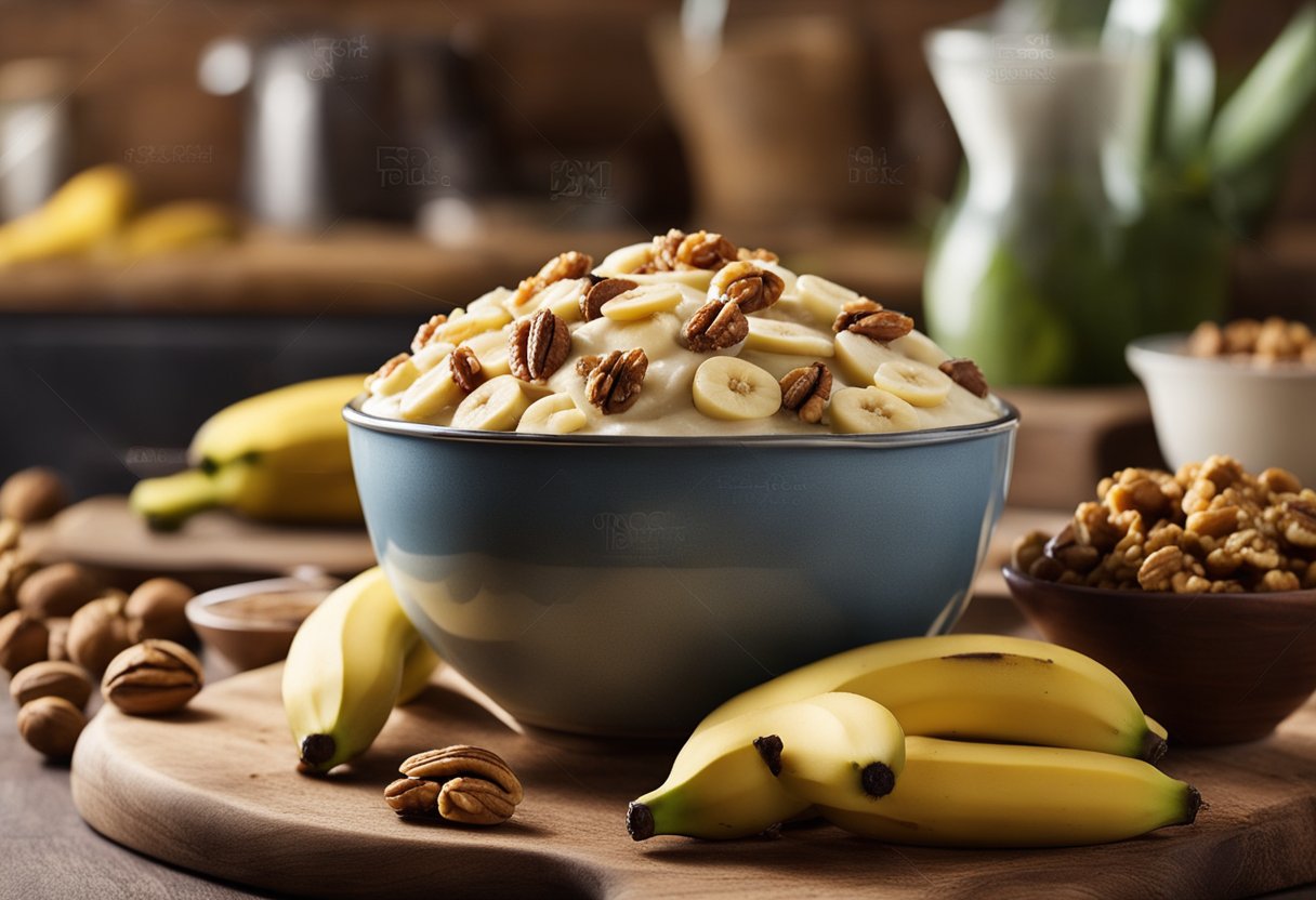 Uma bancada de cozinha rústica exibe bananas maduras, nozes espalhadas e uma tigela de mistura cheia de massa para um bolo de banana e nozes.