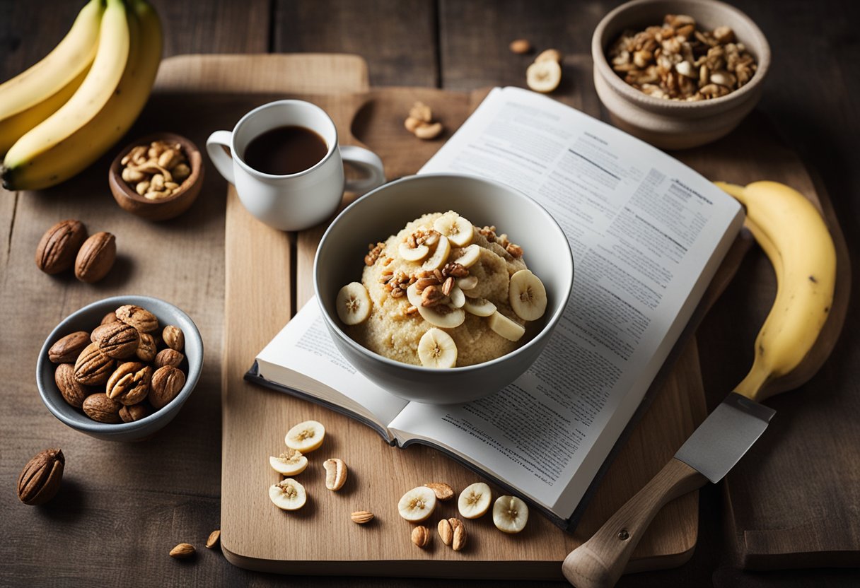 Uma bancada de cozinha rústica com uma tigela de mistura cheia de bananas maduras, nozes espalhadas e uma pilha de livros de receitas abertos em uma página intitulada "Bolo de Banana com Nozes."